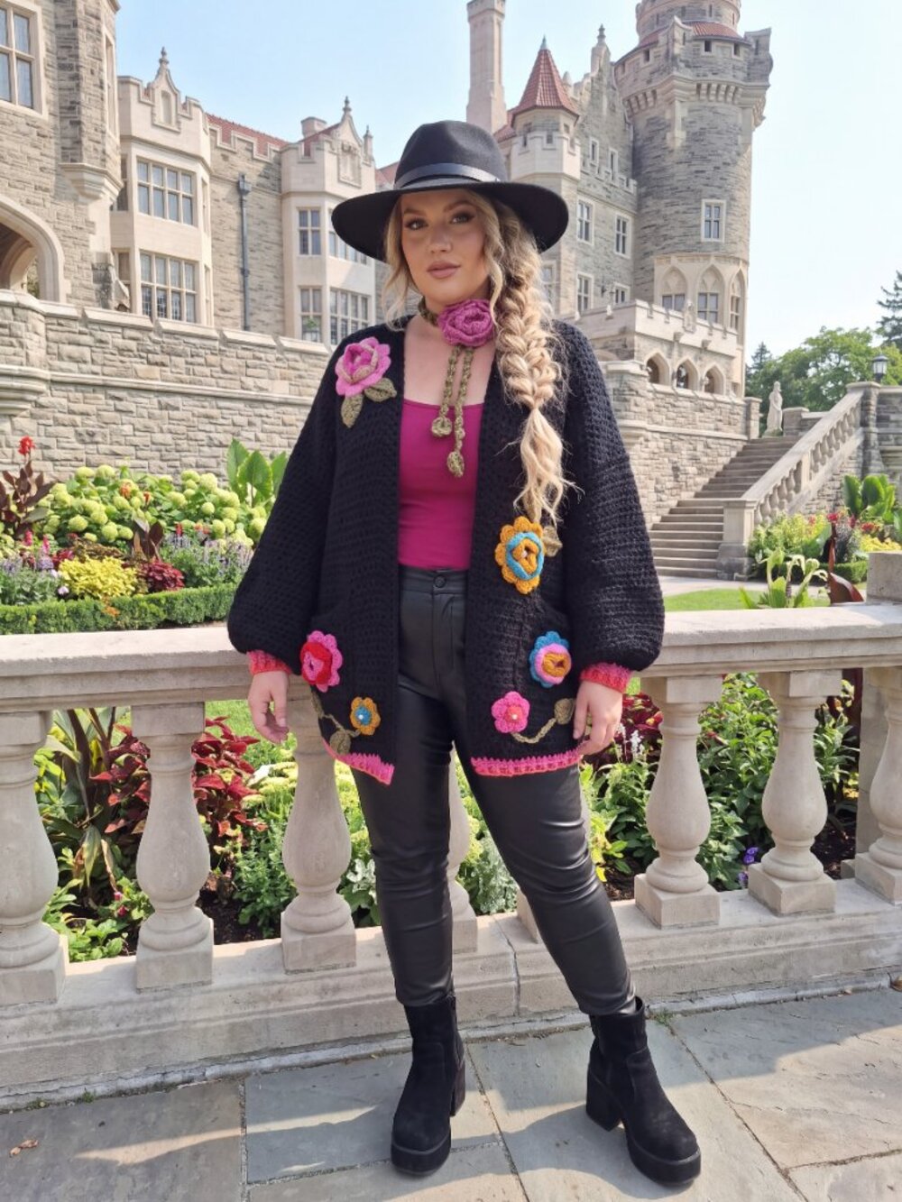 Black Boho Floral Cardigan with Rose wrap necklace Puffy Sleeves L.XL